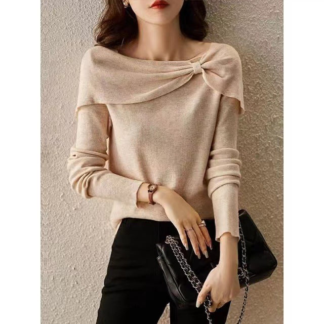 Women's Stylish Long-Sleeved Sweater with Diagonal Collar Acrylic Fiber 6