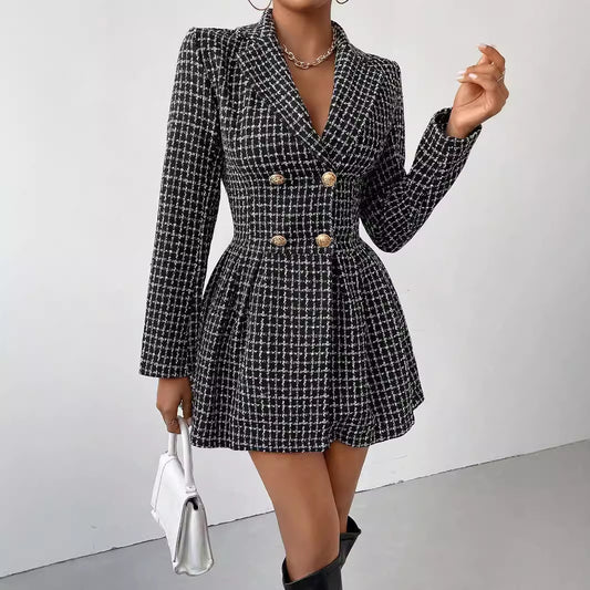 Women's Elegant Winter Coat V-Neck Long Sleeves Plaid Wool 1