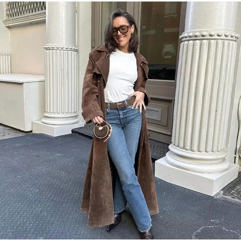 Women's Vintage Long Suede Coat Elegant Winter Style 4
