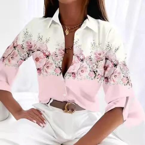 Women's Casual Long Sleeve Printed Shirt Loose Fit Acetate Fiber 6