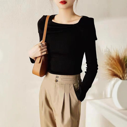Women's Stylish Long-Sleeved Sweater with Diagonal Collar Acrylic Fiber 1