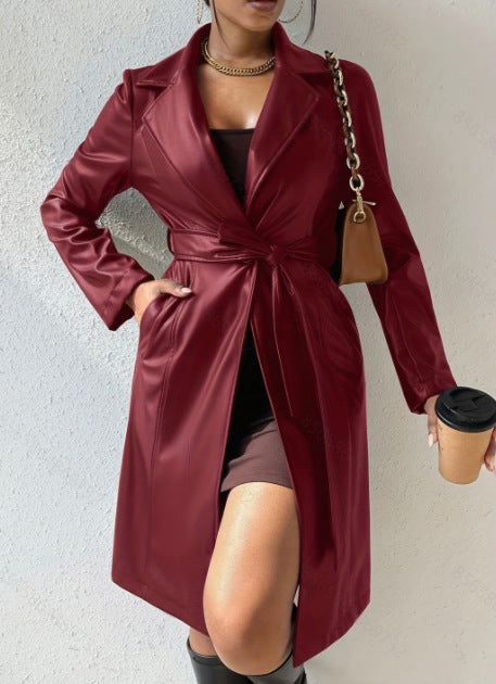 Women's Stylish Long Sleeve PU Leather Trench Coat with Pockets 7