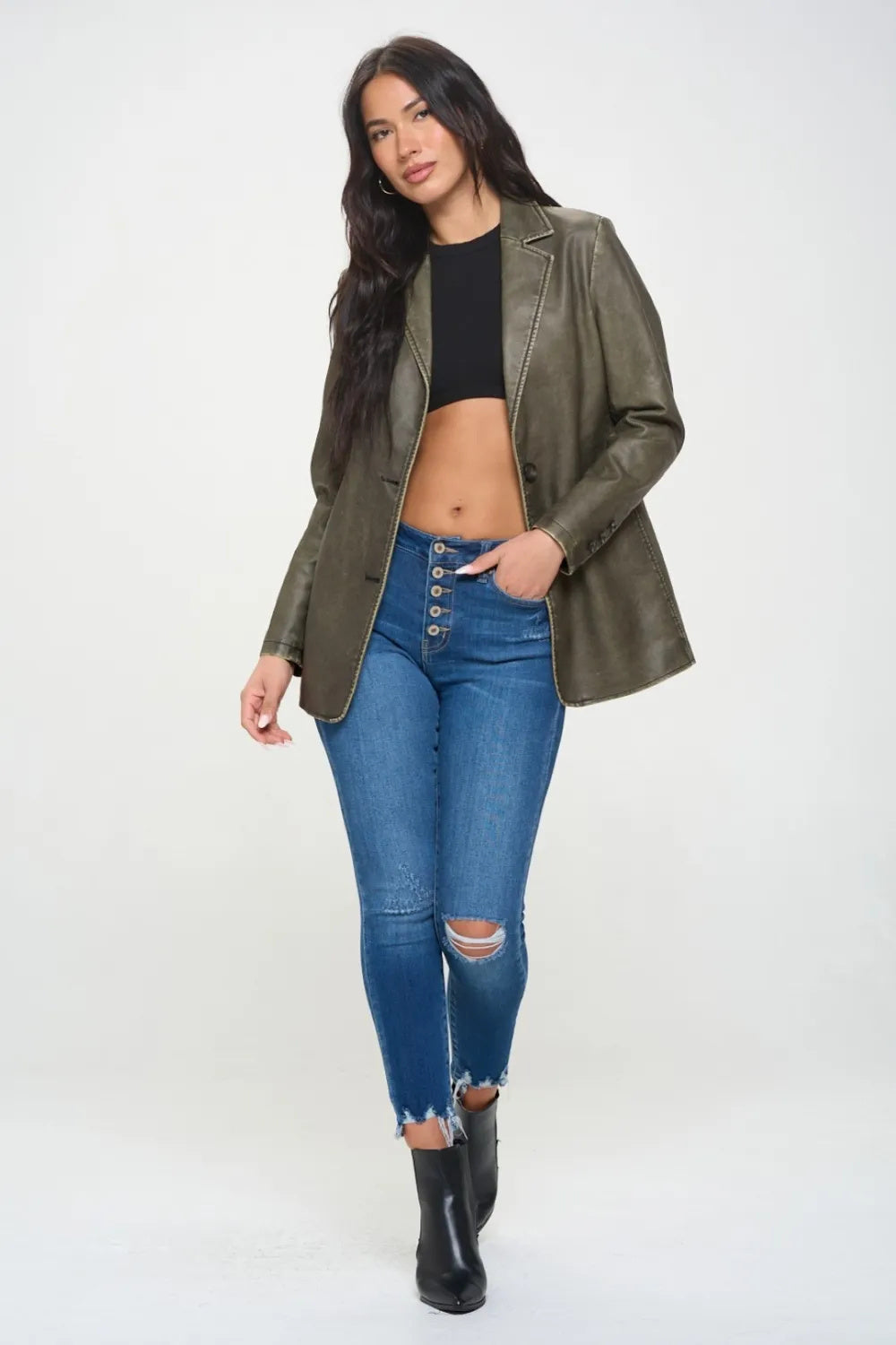 Women's Stylish Single-Breasted Vegan Leather Blazer Ethical Fashion 4
