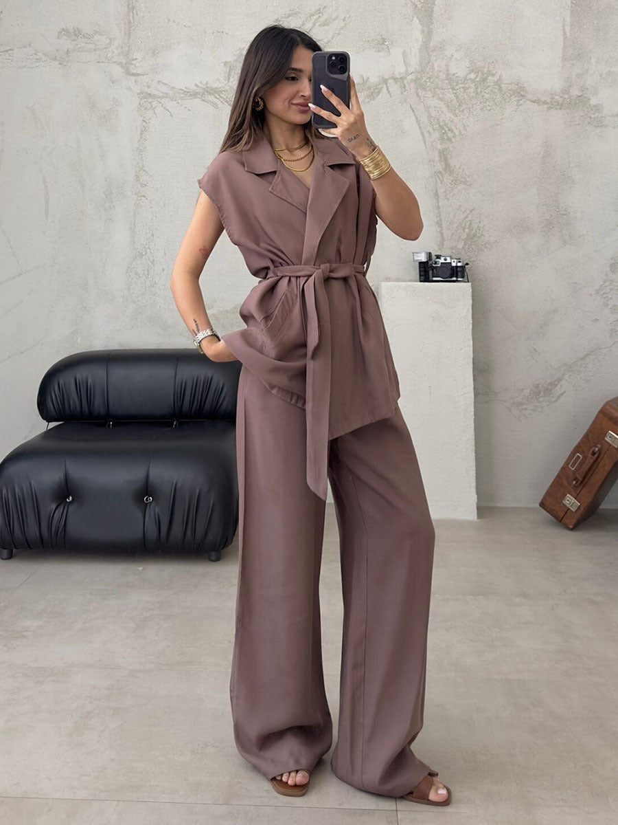 Women's Oversized Sleeveless Cardigan and High-Waisted Pants Set for Chic Comfort 7
