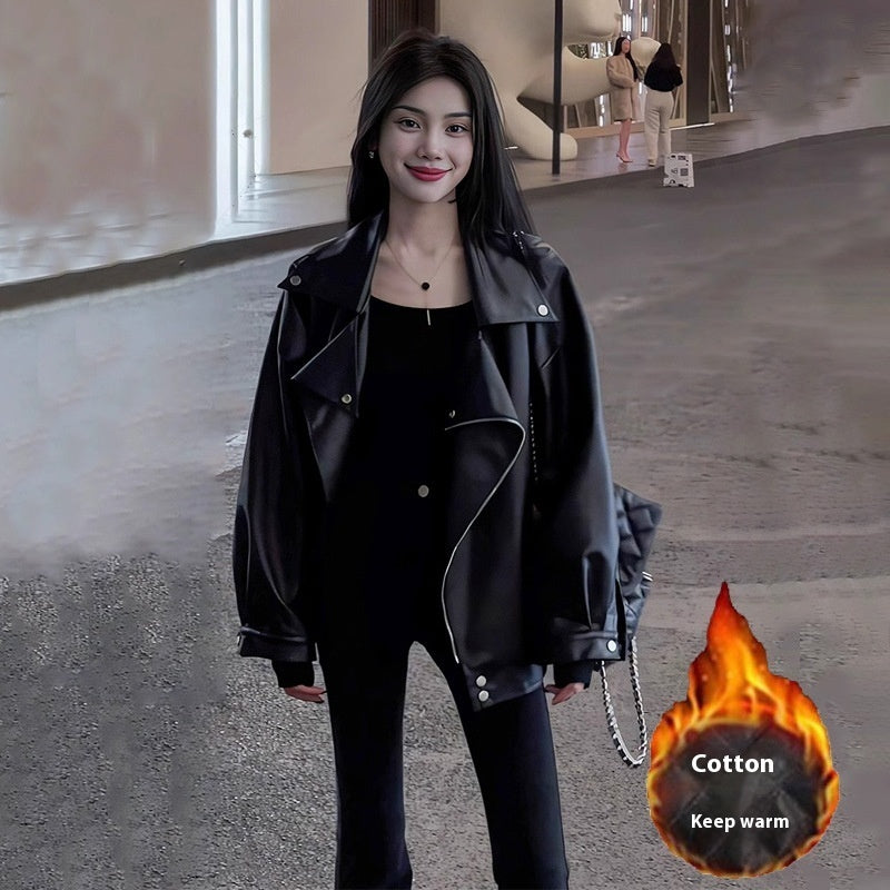 Women's Casual Loose Plus Size Black Leather Coat 5