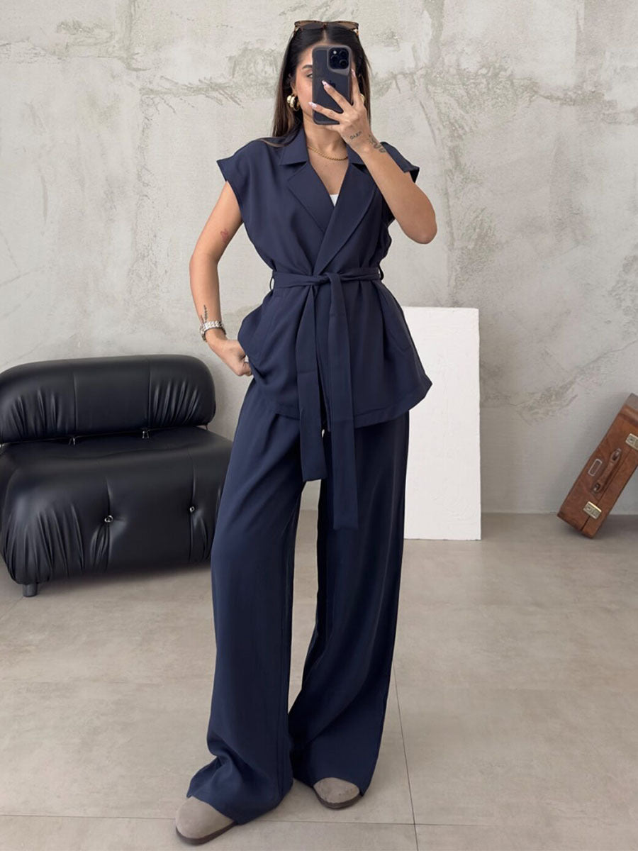 Women's Oversized Sleeveless Cardigan and High-Waisted Pants Set for Chic Comfort 2