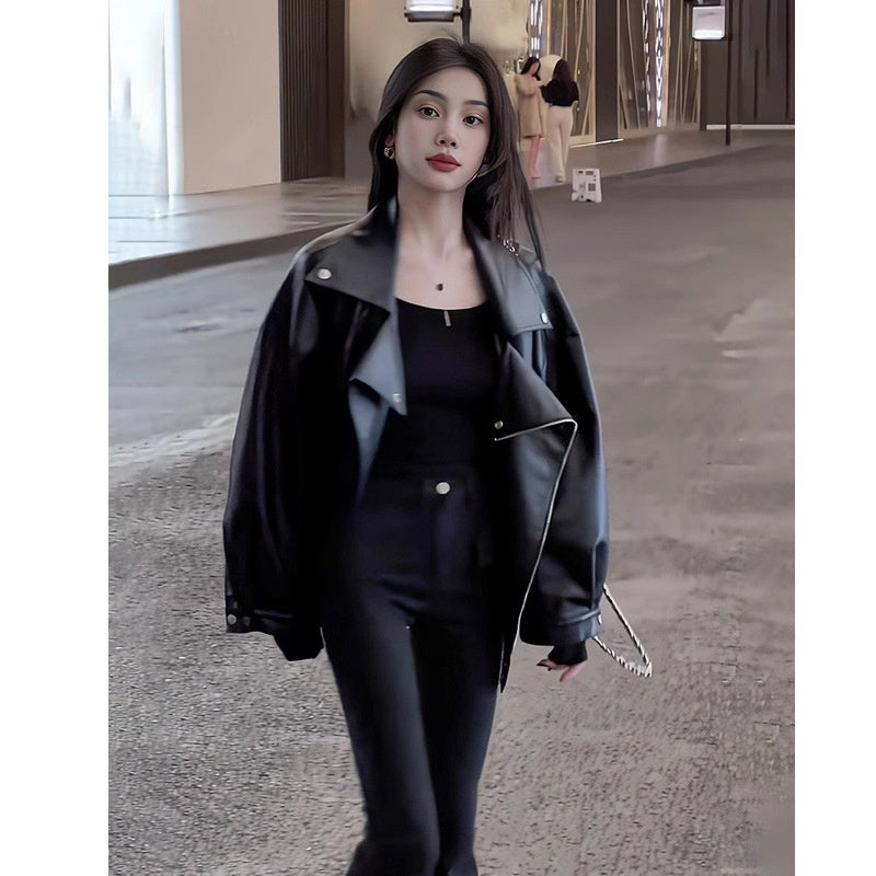 Women's Casual Loose Plus Size Black Leather Coat 4