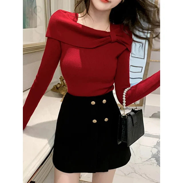Women's Stylish Long-Sleeved Sweater with Diagonal Collar Acrylic Fiber 2
