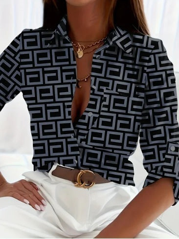 Women's Casual Long Sleeve Printed Shirt Loose Fit Acetate Fiber 14