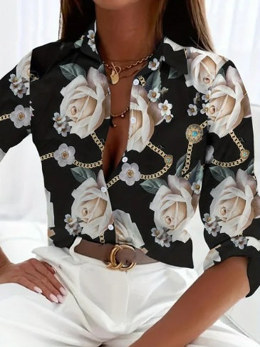 Women's Casual Long Sleeve Printed Shirt Loose Fit Acetate Fiber 3