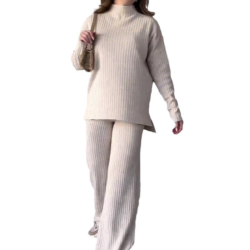 Women's Chic Two-Piece Knit Set Round Neck Wide Leg Pants 2