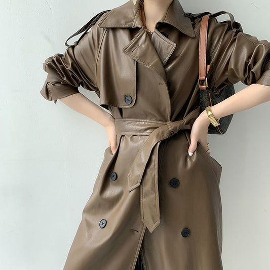 Women's Stylish Mid-Length Slimming PU Coat for Temperament Commute 1