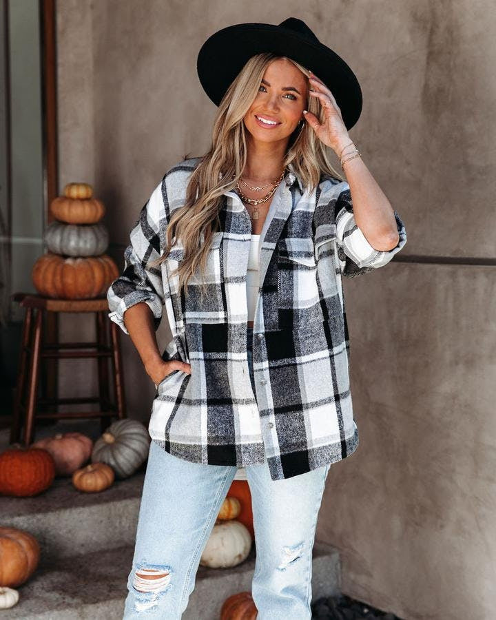 Women's Casual Long Sleeve Plaid Cashmere Shirt Jacket 6