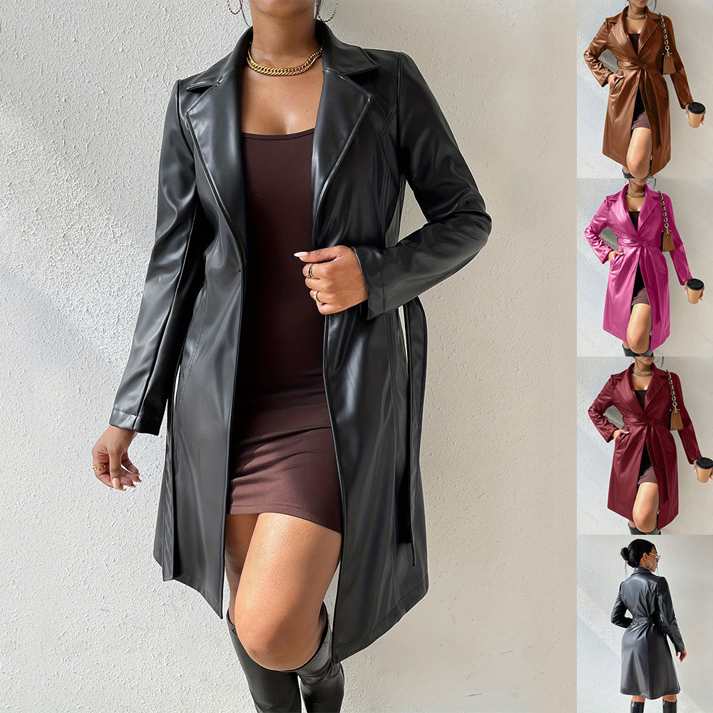 Women's Stylish Long Sleeve PU Leather Trench Coat with Pockets 1