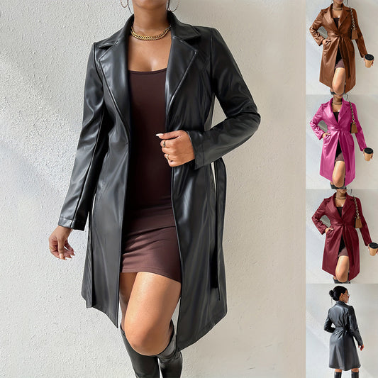 Women's Stylish Long Sleeve PU Leather Trench Coat with Pockets 1