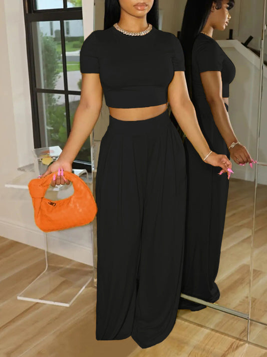 Women's Casual T-Shirt and Wide Leg Pants Set Comfortable Cotton 1