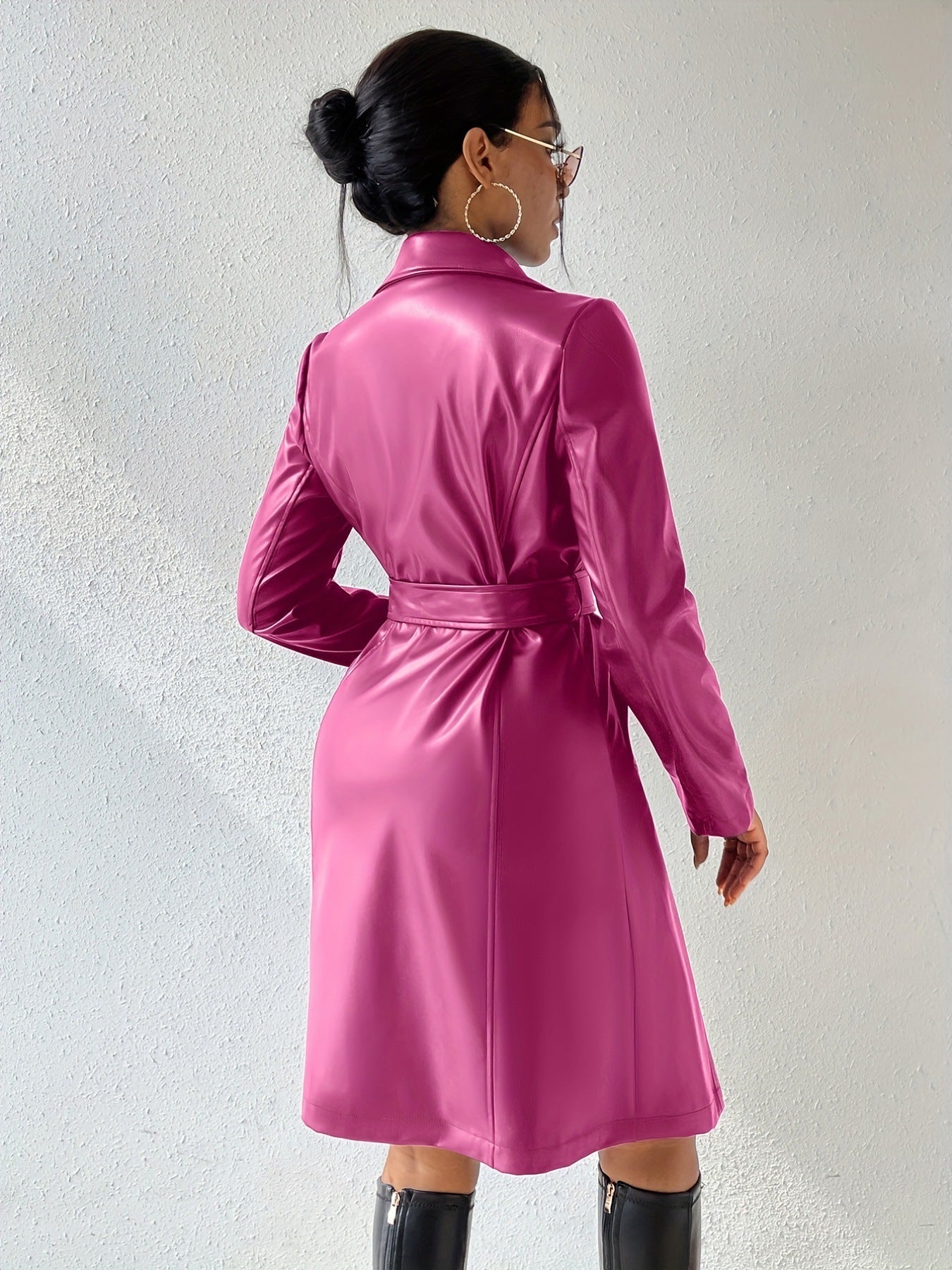 Women's Stylish Long Sleeve PU Leather Trench Coat with Pockets 6