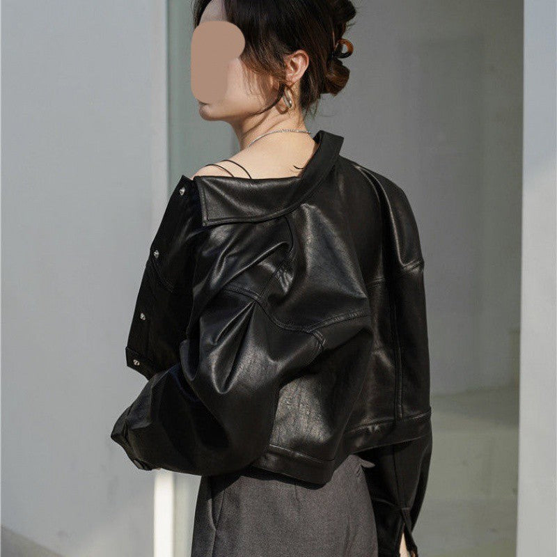 Women's Short Vintage Leather Jacket Stylish Chic Design 4