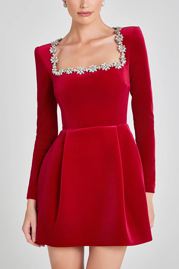 Women's Elegant Square Neck Short Dress with Pearls and Ruffles 11