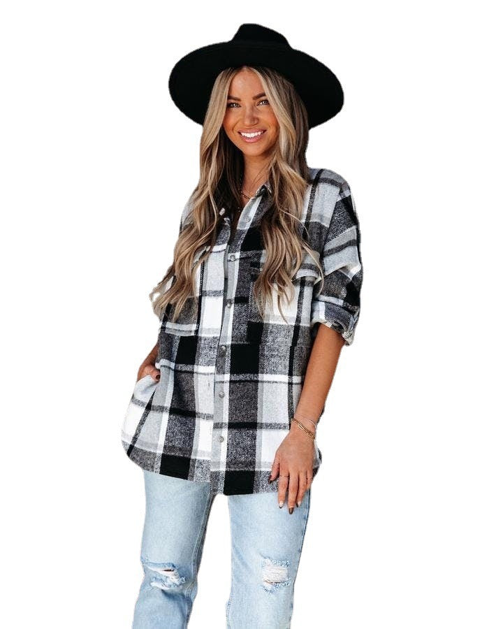 Women's Casual Long Sleeve Plaid Cashmere Shirt Jacket 2