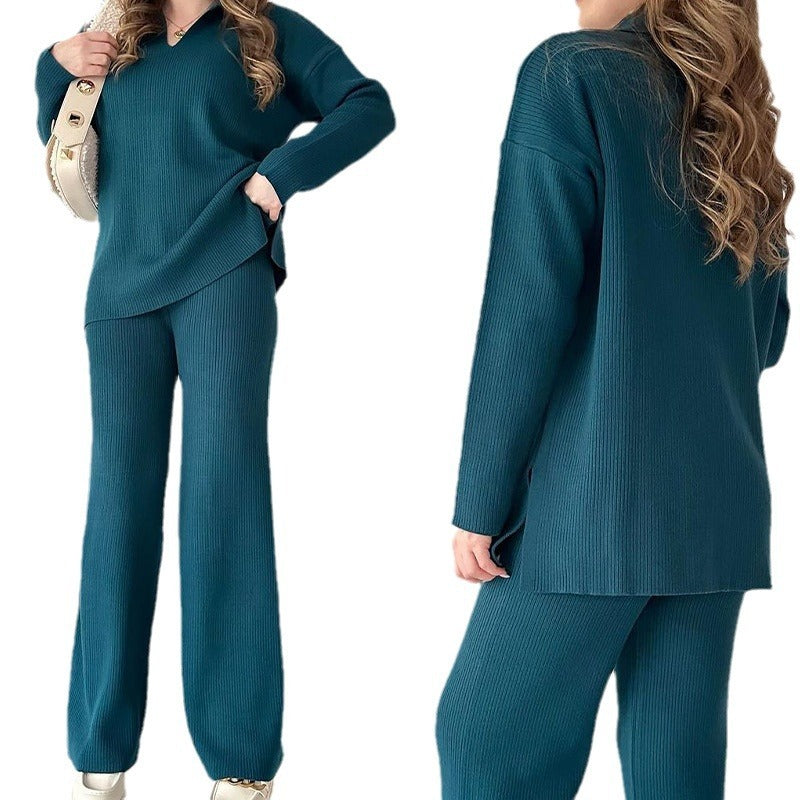 Women's Casual Two-Piece Knit Set with Elegant Collar 4