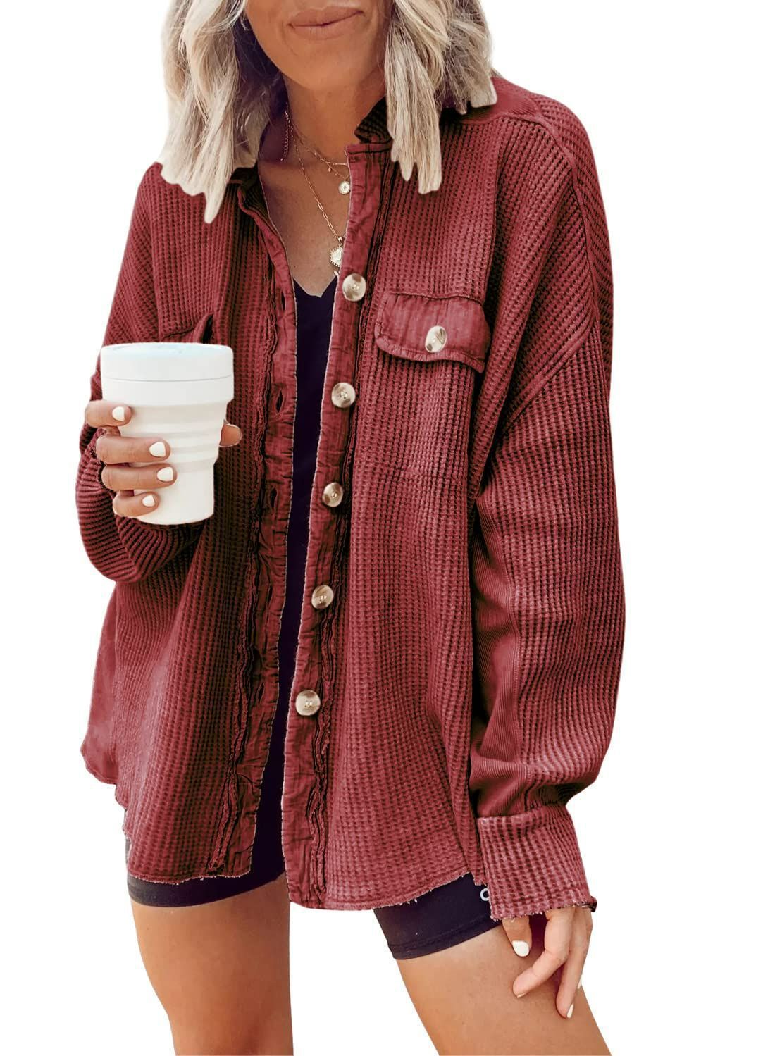 Women's Elegant Button-Up Shirt Jacket Versatile Long Sleeve 12