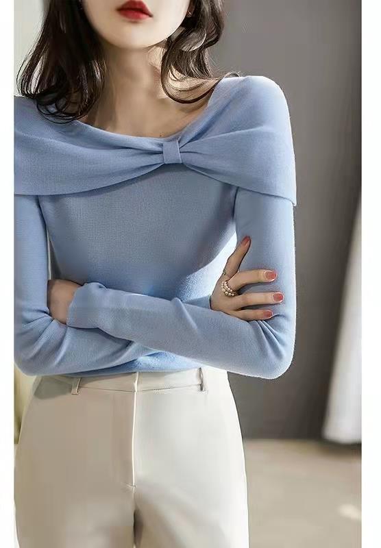 Women's Stylish Long-Sleeved Sweater with Diagonal Collar Acrylic Fiber 5