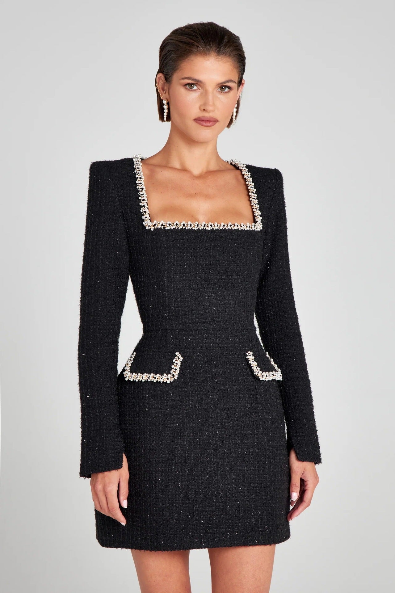 Women's Elegant Long Sleeve Dress with U-Neck and Pearl Embellishments 4