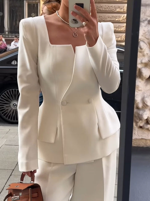 Women's Structured Blazer with Square Collar Two Buttons High-Quality Fabric 1