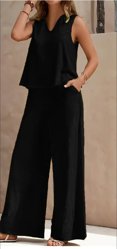 Women's Casual Pants Set V Neck Sleeveless Tank Top Wide Leg Pants Polyester 3