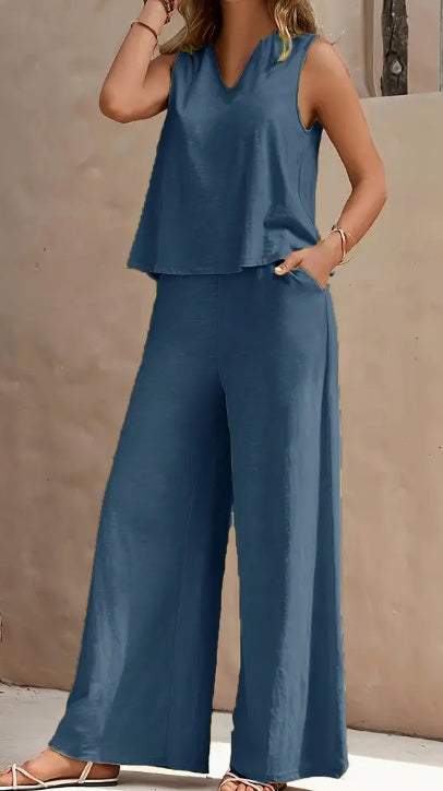 Women's Casual Pants Set V Neck Sleeveless Tank Top Wide Leg Pants Polyester 2