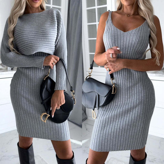 Women's Stylish Long Sleeve Top and Slim Suspender Skirt Set Polyester 1