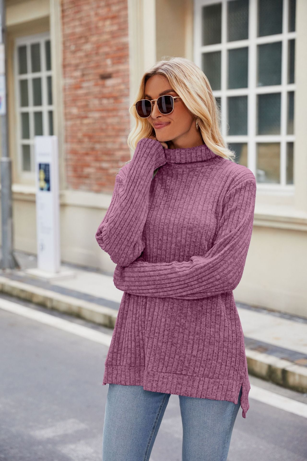 Women's Elegant High Neck Long Sleeve T-Shirt with Side Slits Comfortable Fabric 13