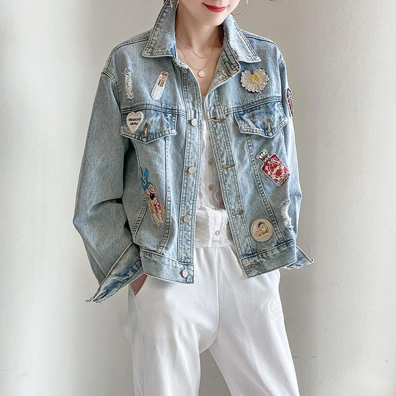 Women's Casual Ripped Denim Jacket Loose Fit Cotton 1