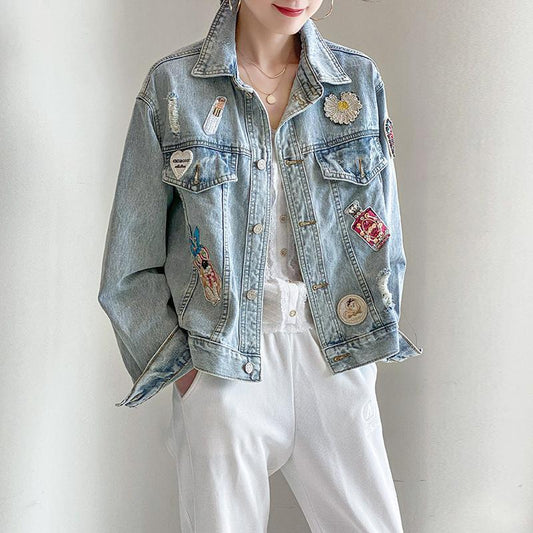 Women's Casual Ripped Denim Jacket Loose Fit Cotton 1
