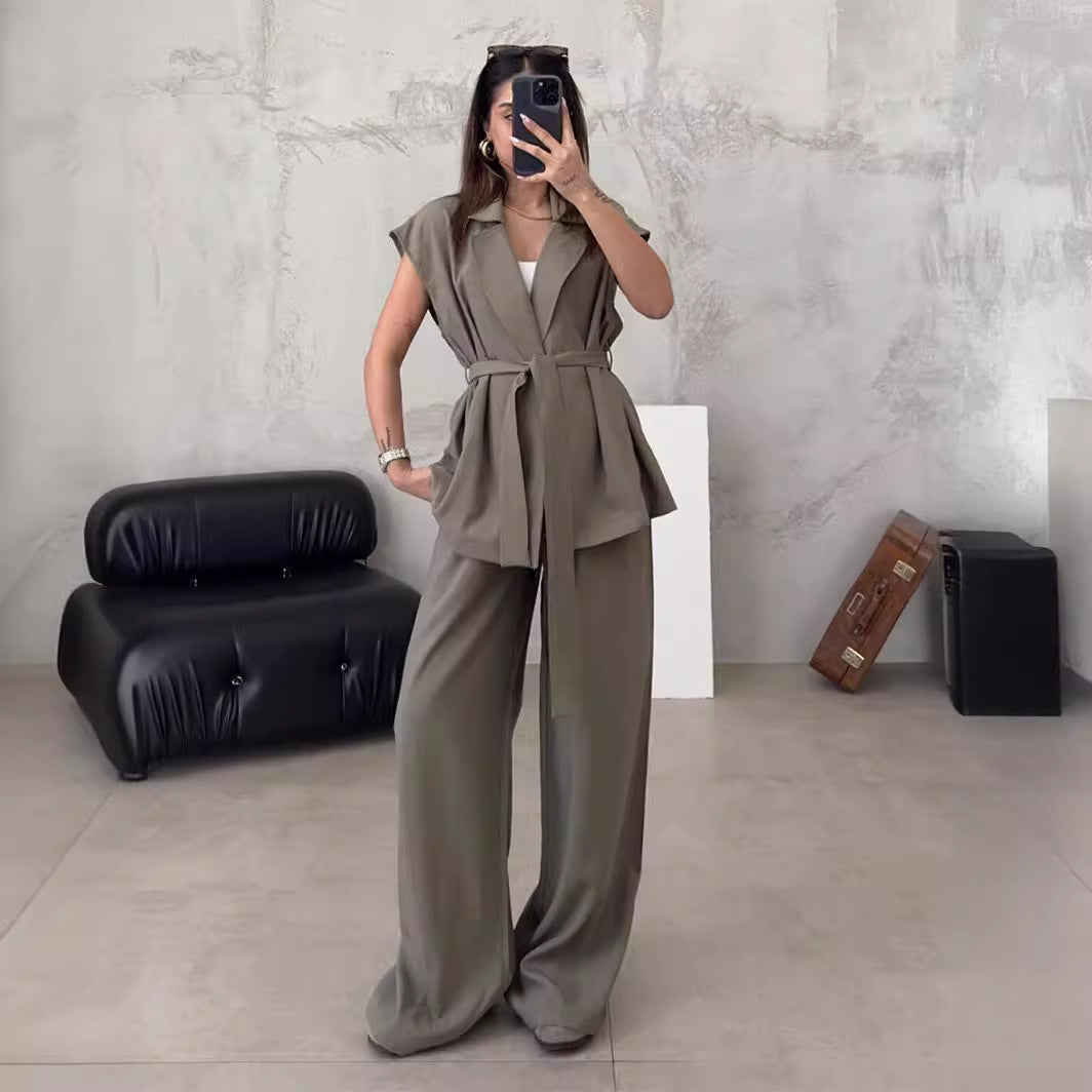 Women's Oversized Sleeveless Cardigan and High-Waisted Pants Set for Chic Comfort 1