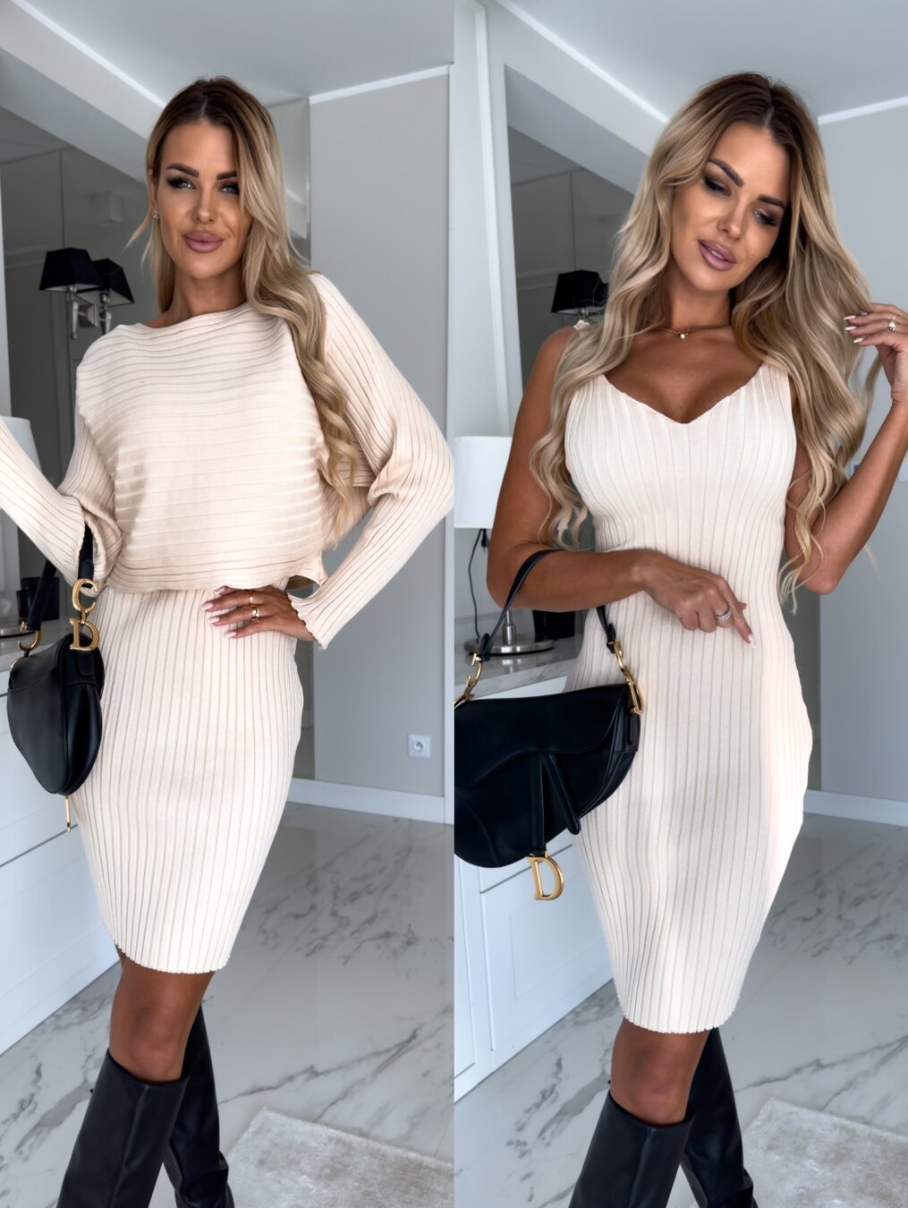 Women's Stylish Long Sleeve Top and Slim Suspender Skirt Set Polyester 7