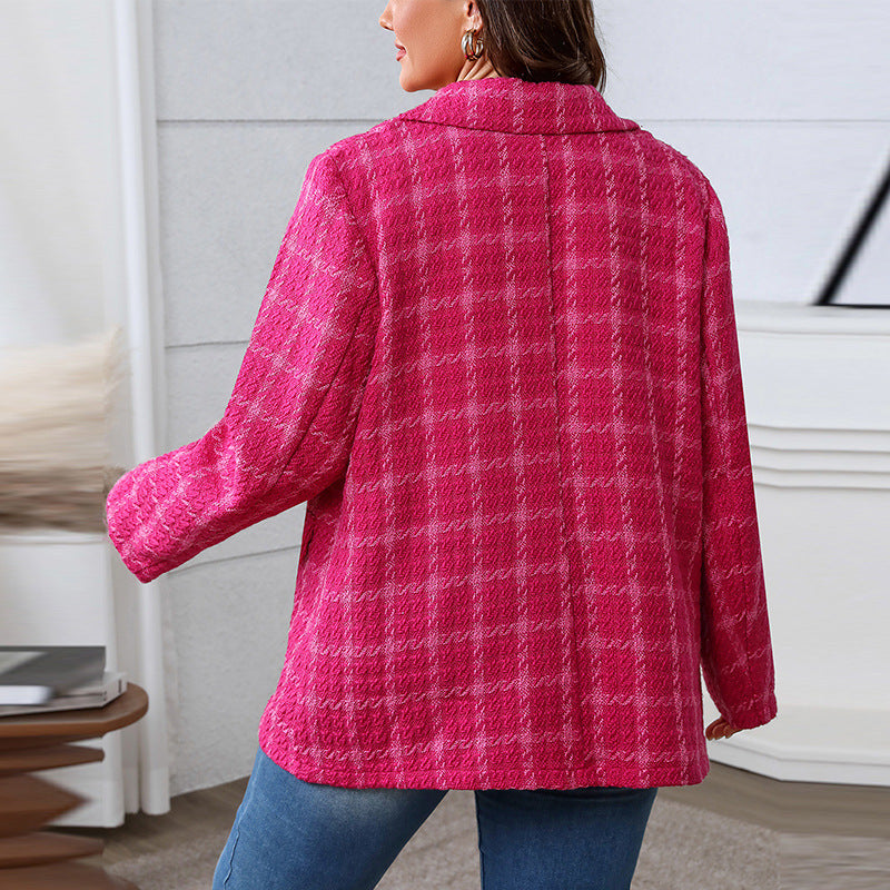 Women's Plus Size Loose Plaid Coat with Pockets Polyester 4