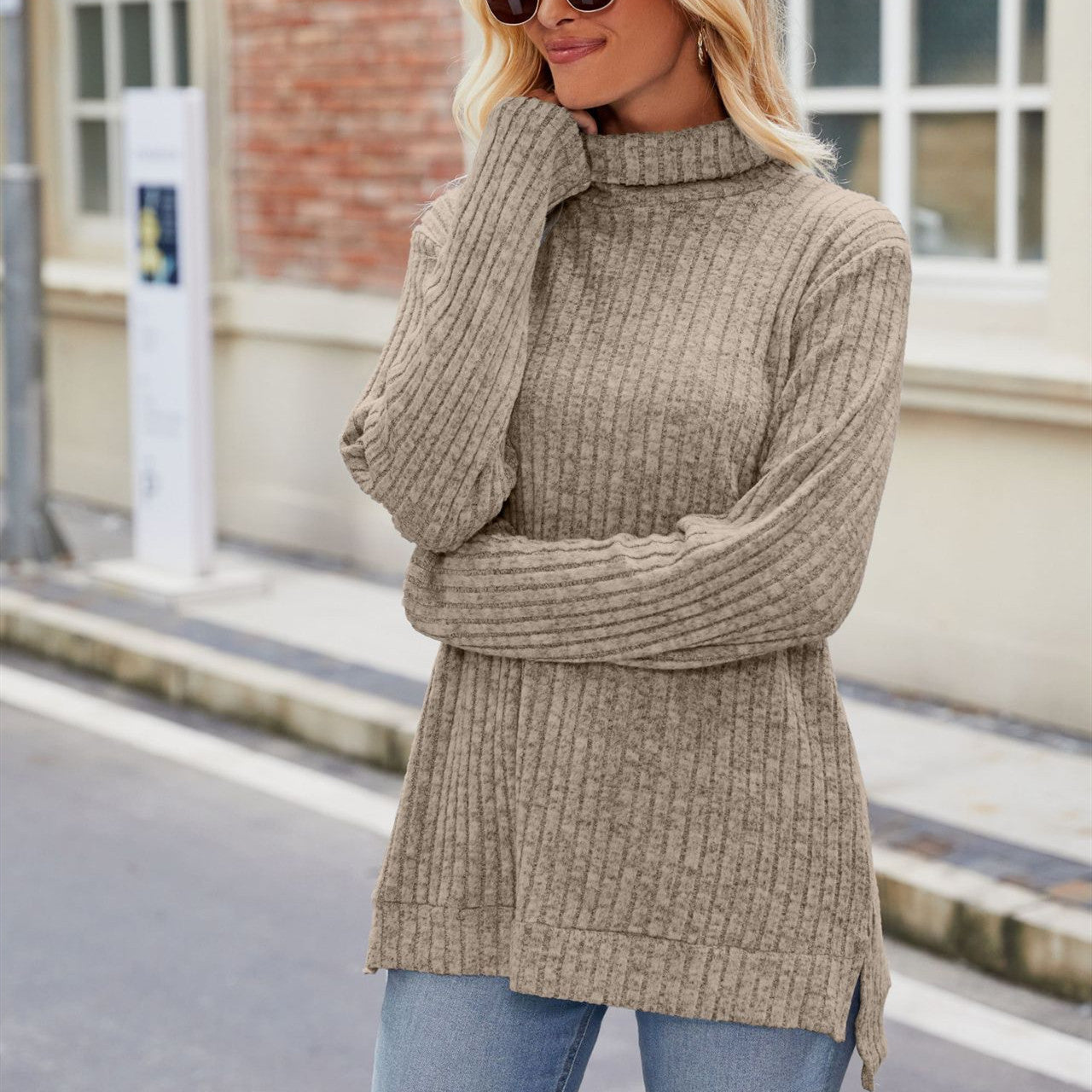 Women's Elegant High Neck Long Sleeve T-Shirt with Side Slits Comfortable Fabric 9