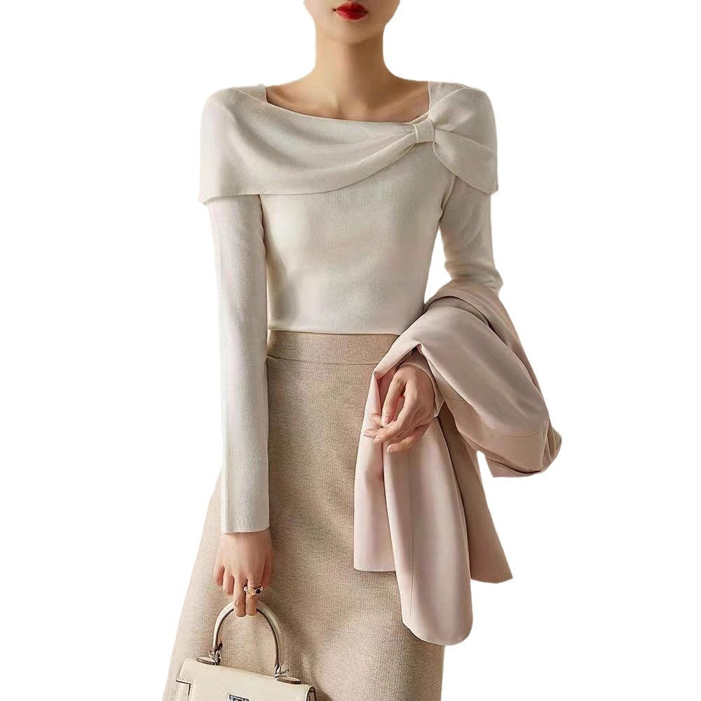 Women's Stylish Long-Sleeved Sweater with Diagonal Collar Acrylic Fiber 10