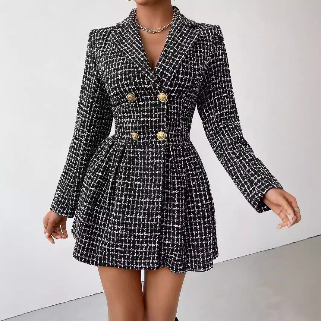 Women's Elegant Winter Coat V-Neck Long Sleeves Plaid Wool 2