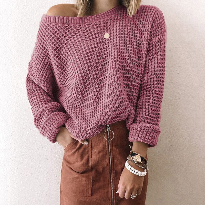 Women's Cozy Knit Asymmetrical Neck Sweater for Autumn and Winter 4