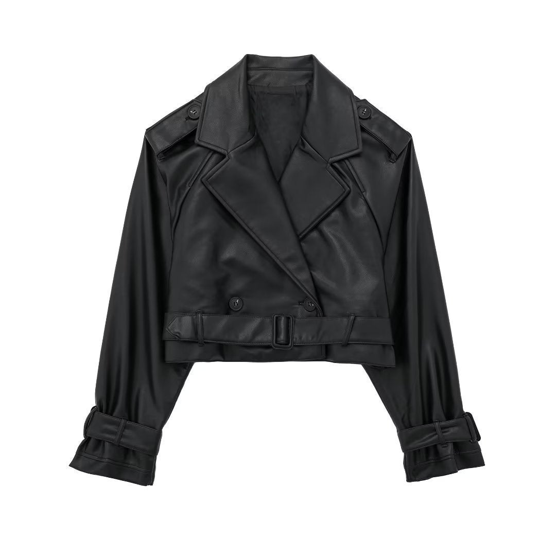 Women's Loose Fit Short Trench Coat Black PU Leather 3