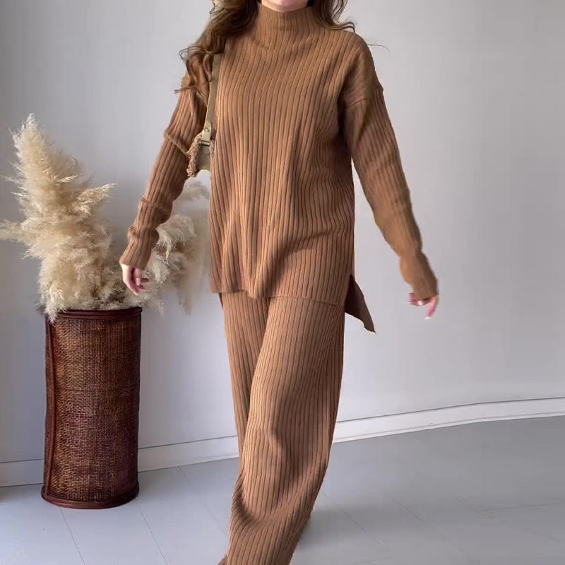 Women's Chic Two-Piece Knit Set Round Neck Wide Leg Pants 3