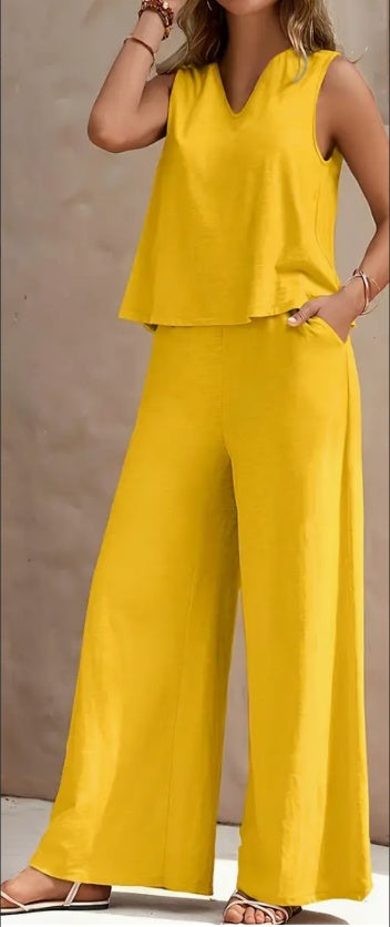 Women's Casual Pants Set V Neck Sleeveless Tank Top Wide Leg Pants Polyester 1