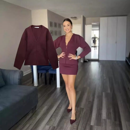 Women's Elegant Long Sleeve V-Neck Knit Suit Comfortable Soft Fabric 3