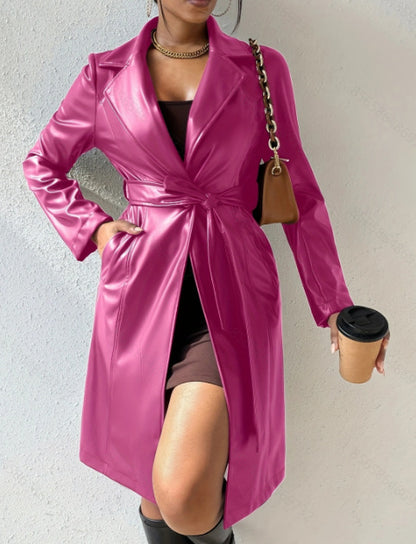Women's Stylish Long Sleeve PU Leather Trench Coat with Pockets 4