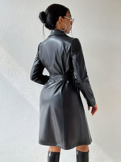 Women's Stylish Long Sleeve PU Leather Trench Coat with Pockets 8