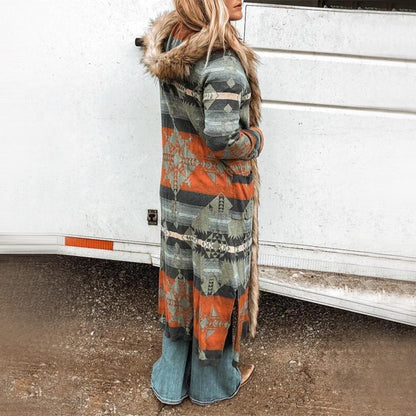 Women's Floral Print Trench Coat with Fur Collar Slim Fit Polyester 5