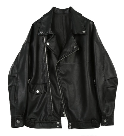 Women's Casual Loose Plus Size Black Leather Coat 3